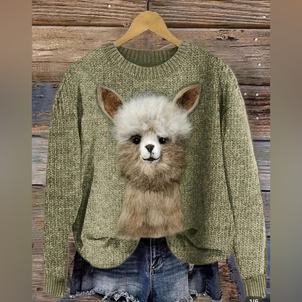 Alpaca sweater llama top shirt sweatshirt crew knit printed graphic wool S Farm - Picture 2 of 11